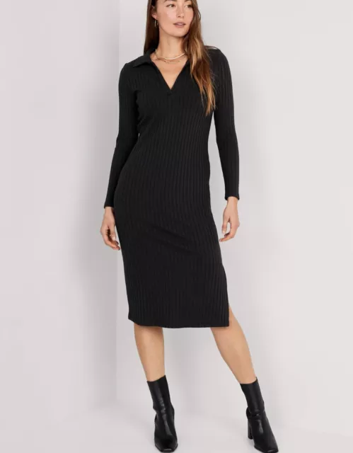 Old Navy Womens Size XXL ~ Fitted Rib-Knit Midi Polo Dress Black .. NWT