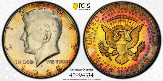 (TP#46) MONSTER RAINBOW TONED PCGS MS65 Kennedy Half Dollar 50c