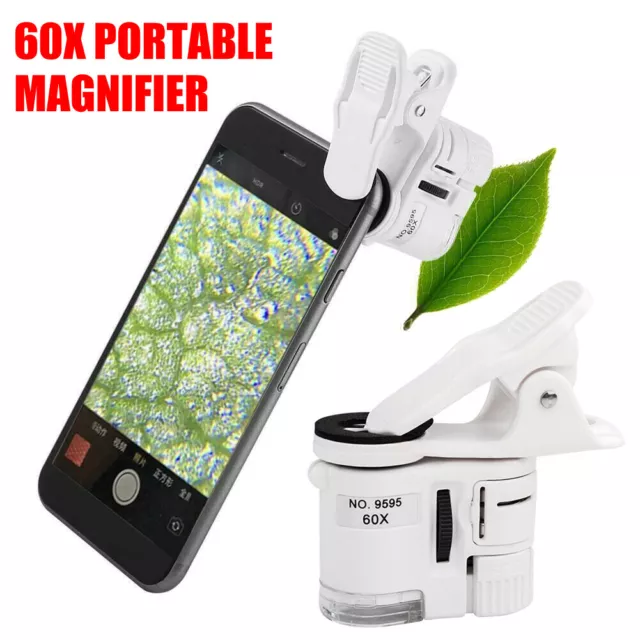 60X Portable Clip Magnifier Loupe UV Microscope Universal Mobile Phones with LED