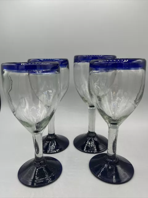 Mexican Hand Blown Wine Glass / Water Goblet ~ Cobalt Blue Rim & Base ~  8"