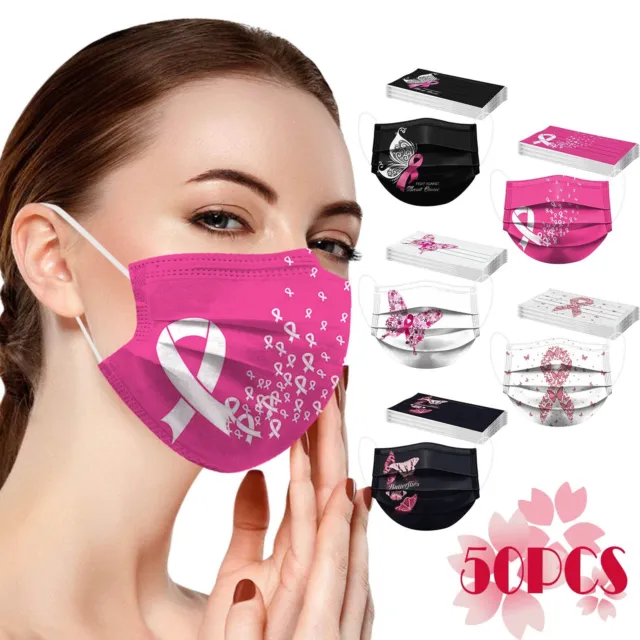 50PCS Womens Breast Cancer Batterfly Prints 3 Layer Disposable Face M
