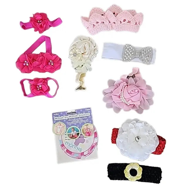 Lot of Eight Baby Girl Photo Shoot Items Bikini Headbands and Months up to 1 yr.