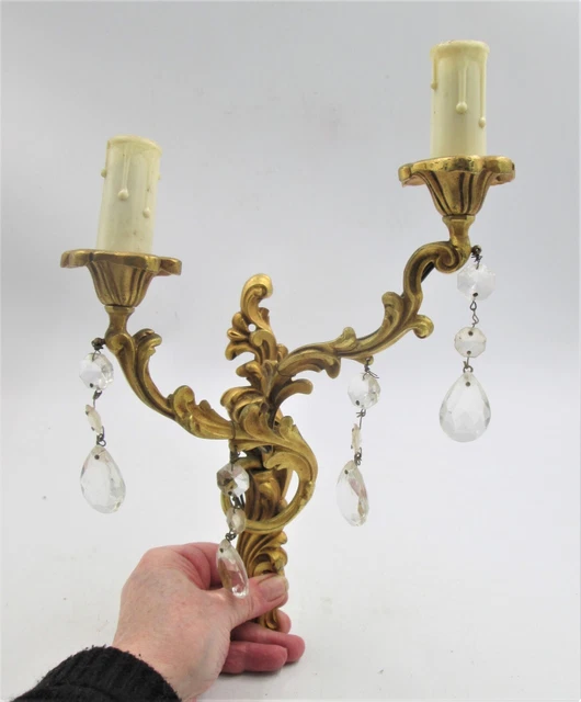 Vintage Francés Uno Doble Brazo Dorado Bronce Pared Luz Candelabro Cristal Gotas