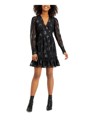 BAR III Womens Black Keyhole Back Long Sleeve Short Fit + Flare Dress M