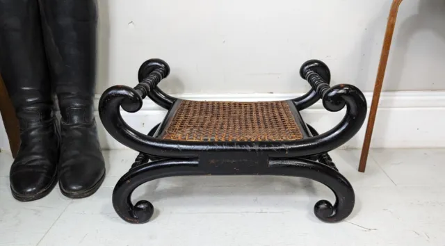 Edith Havelock- Allan Antique Ebony Footstool with Caned Seat Turned Handles