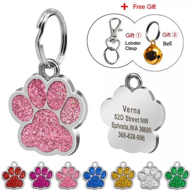 Glitter Paw Print Pet ID Tags Custom Engraved Dog Cat Personalized Tag Disc Bell