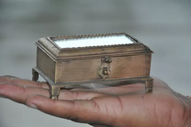 Old Brass Handcrafted Mirror Fitted Rectangular Jewellery Box