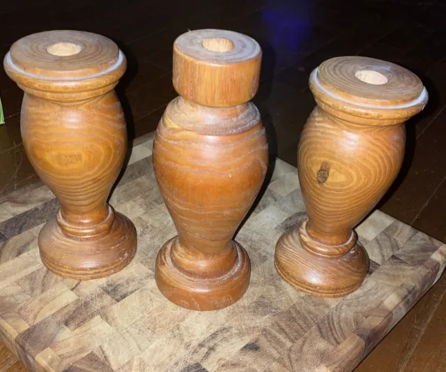Set of 3 Vintage Wood Carved Hand Turned Taper Candle Holders