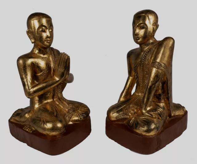 Ancien Birman Style Bois à Genoux Bouddha Disciples Statue (Paire) - 50cm/20 "