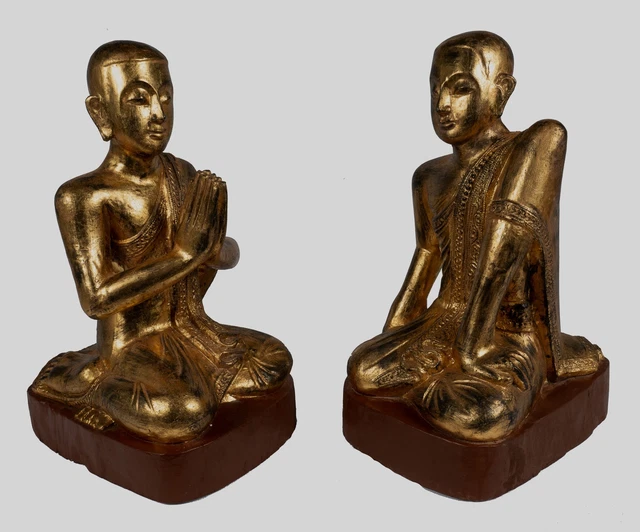 "Antique Burmese Kneewood Style Buddha Disciples Statue (Pair) - 50cm/20"