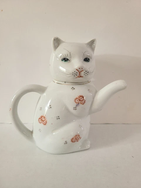 Porcelain Cat Figure Small Teapot or Creamer White Red Flowers Gold Trim VTG