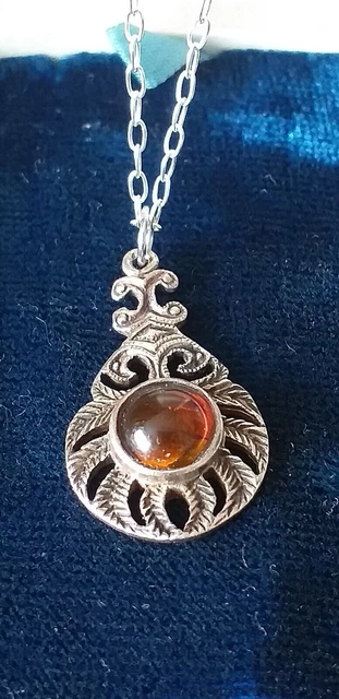 Pendentif Vintage En Argent 925 Et Ambre Naturel - Années 1940 - Chaîne 18 Pouces