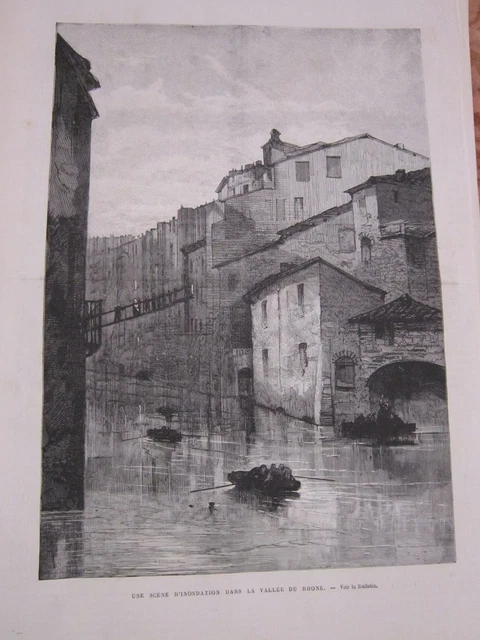 Gravure 1876 - Une scèned'inondation dans la vallée du Rhone