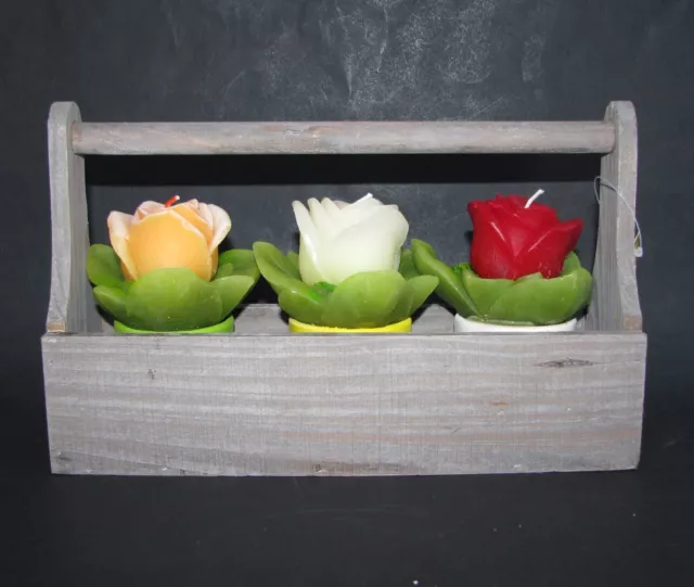 New Bloomin' Set Of 3 Ceramic Potted Rose Flower Candle+Wooden Basket-76287