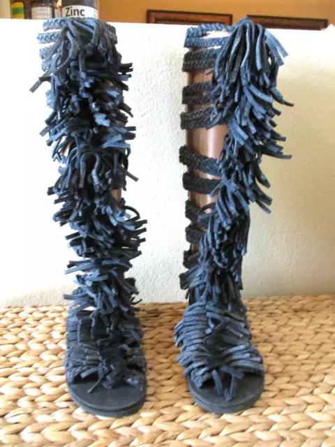 JEFFREY CAMPBELL FRINGE  Blue Gray Suede Cage GLADIATOR Knee High Sandals 6