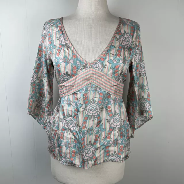 French Connection Top Blouse 100% Silk Stripe Floral Kimono Sleeve NWT Size 4