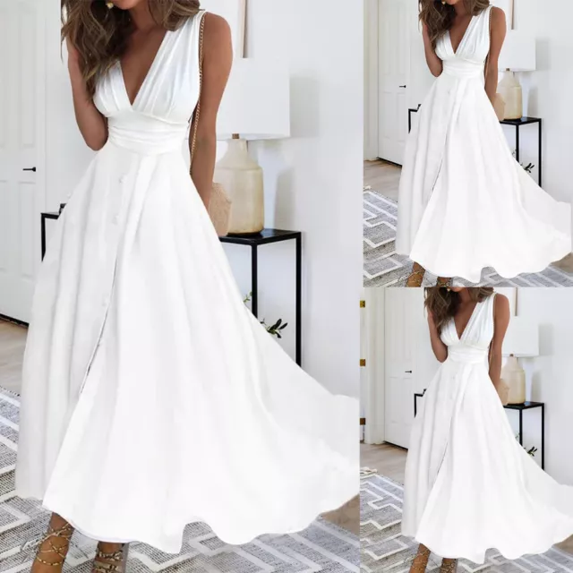 Womens Summer V-Neck Maxi Dress Sleeveless Holiday Wedding Party Swing Sundress