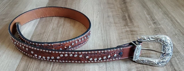 3D Unisex Hand Tooled Genuine Leather Belt Size 32 Floral Silver Buckle Western