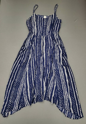 CAbi Dress Womens Medium  M Margarita Sun Dress Midi Pockets Blue White #5048