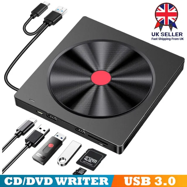 USB External DVD RW CD Writer Drive Burner Reader For Laptop PC Windows 10 11