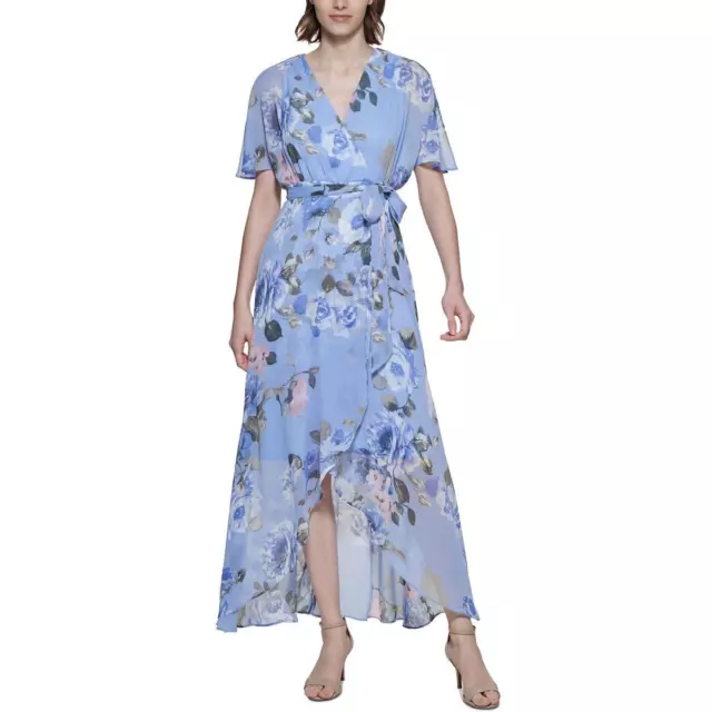 Jessica Howard Womens Blue Floral Print Hi-Low Wrap Dress Petites 8P BHFO 7117