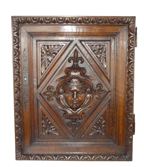 French Antique Renaissance Hand Carved Walnut Wood Salvage Door Panel, Mascaron