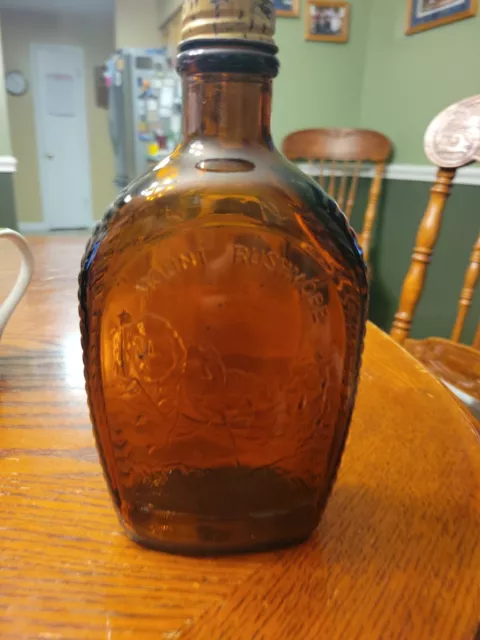 Vintage Log Cabin Syrup Mount Rushmore Amber Brown Glass Bottle With Lid