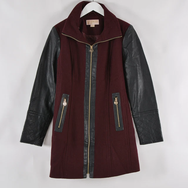 Michael Kors Donna Cappotto Giacca Misura 4 Similpelle Bordo Misto Lana Zip