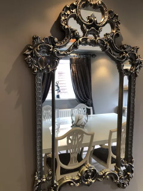 Large Hand Painted Silver/PewterCarved Antique Mirror