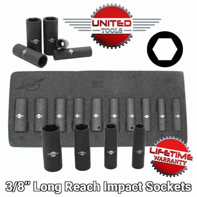 Deep Impact Socket Set 3/8" Drive Long Reach Thin Wall Sockets Set 10-19mm Foam