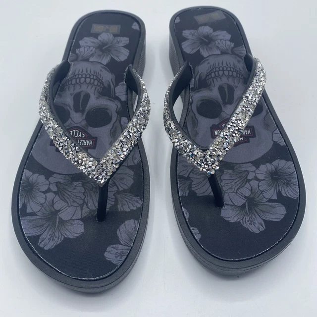 Womens Harley-Davidson Sz 7 Rhinestone Black Gray Shield Flip-Flops Sandals