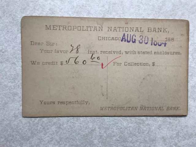 G861 Postcard Postal Card Metropolitan National Bank Chicago 1884