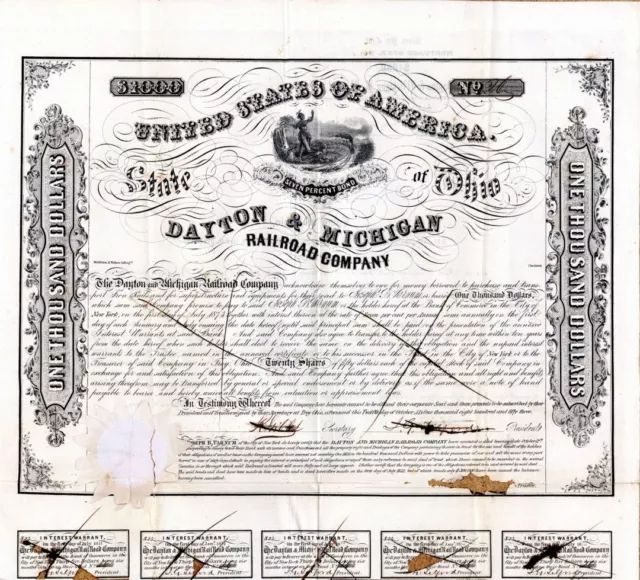 Dayton and Michigan Railroad - 1853 dated $1,000 Railway Bond - Railroad Bonds