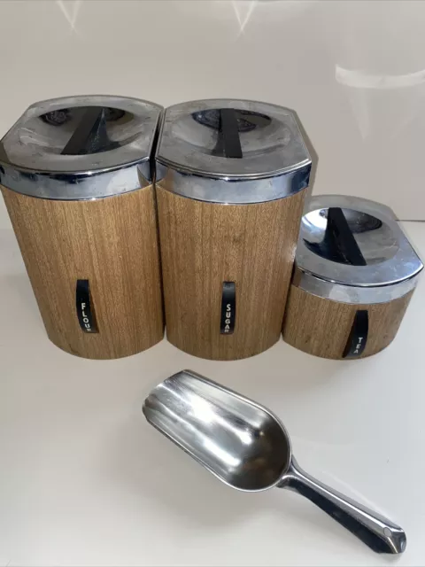 Kromex Mid Century Modern MCM Vintage 3 Piece Canister Set Faux Wood