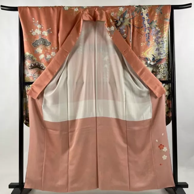 Woman Japanese Kimono Furisode Silk Flower Bird Stream Gold Silver Foil Pink 2