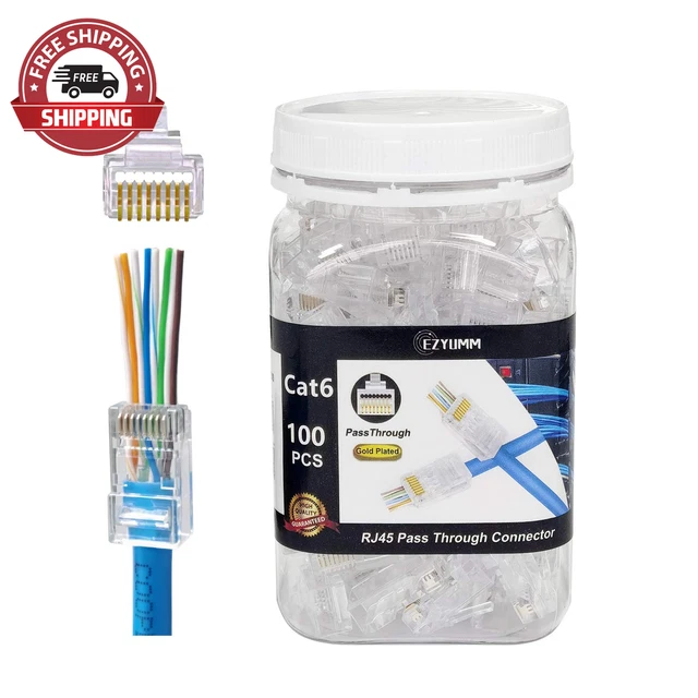 RJ45 Connectors, 100 Pieces Cat6 RJ45 Pass through Connector, Premium 8P8C Plate