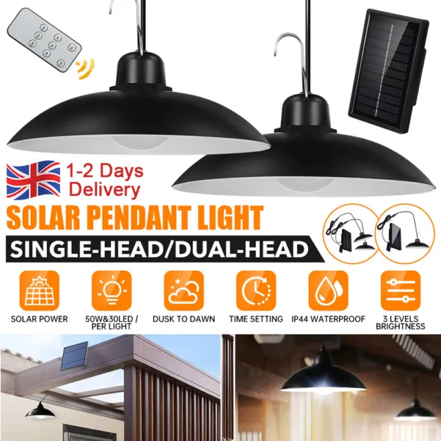 Double Head LED Solar Pendant Light Outdoor Garden Hanging Shed Lamp w/ Remote
