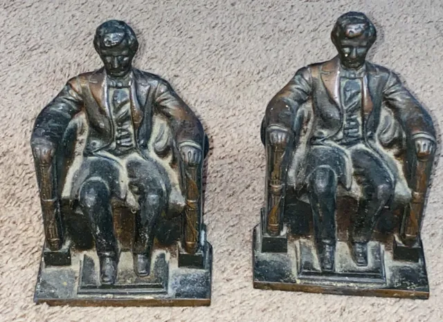 PAIR OF BOOK ENDS President Abraham Lincoln Seated Statue Bronze Finish Bookends