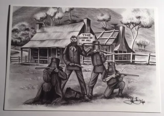 "The Kelly Gang" in front of Ann Jones Inn Glenrowan, Post Card. Ned Kelly, Guns