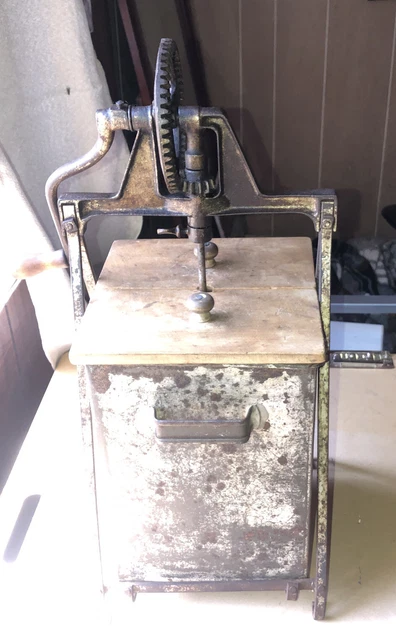 Vintage 1-2 Gallon 20” Butter Churn w Cast Iron Frame Steel Box & Wooden Lids