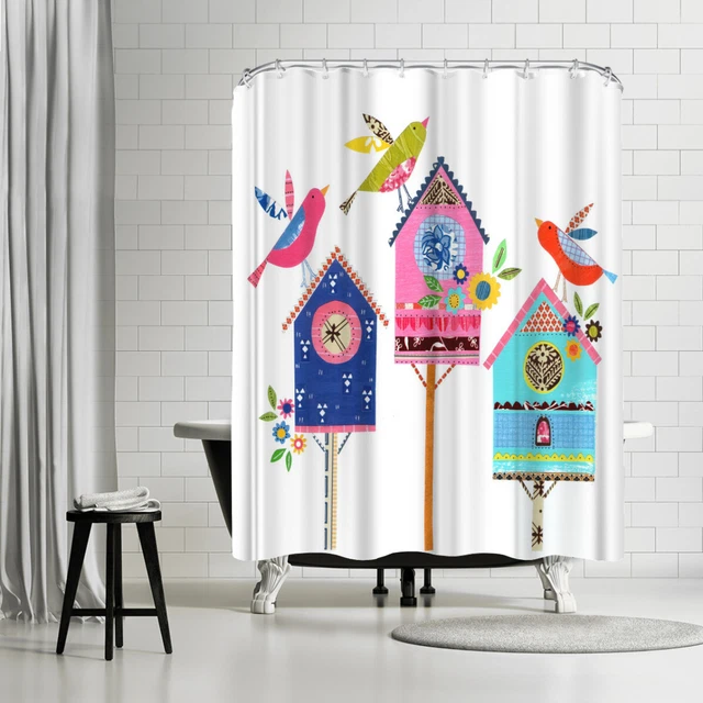 Americanflat 71" x 74" Shower Curtain, Three Bird Houses & Birds