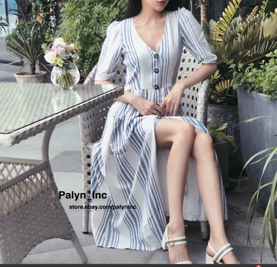 Nwt Zara Striped Button-Up Dress With Pockets Linen Ecru 2873/449