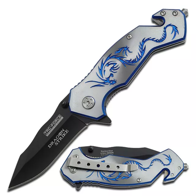 Tac-Force - Spring Assisted Knife - TF-759GY Gray Handle with Blue Dragon Graphi