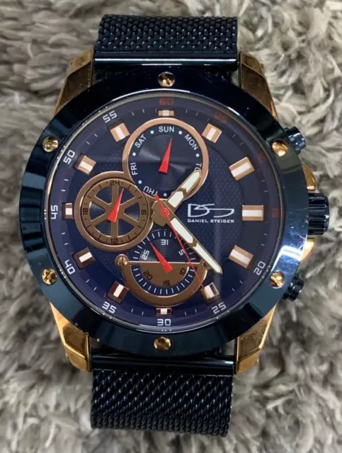 Rare Daniel Steiger Date Calendar WR Luxury Watch Laser Blue Milanese Mesh Strap