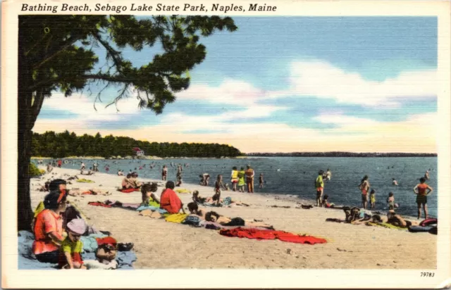 Bathing Beach Sebago Lake State Park Naples Maine Postcard Linen Unposted 1423