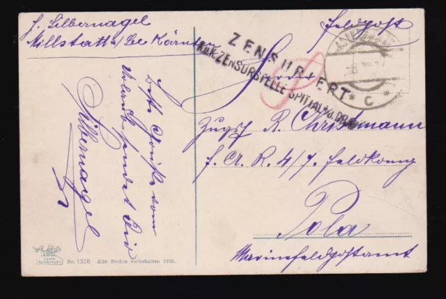 K.u.K. Zensurstelle Spittal. FP.-Karte 1917 Millstatt an Marinefeldpostamt Pola