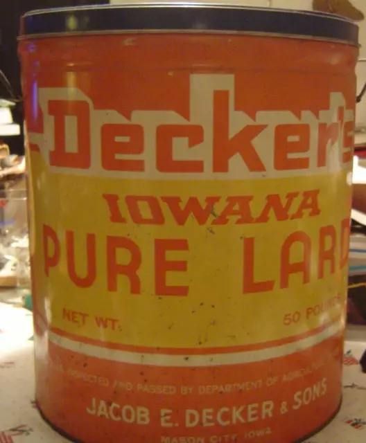 Decker's Iowana Pure Lard NET WT 50 Pounds Advertising Metal Can, VG Cond