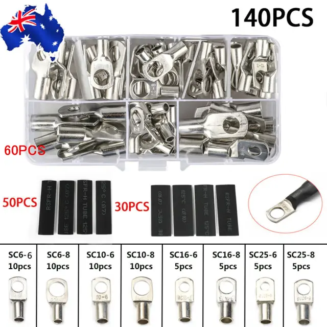 220X Tinned Battery Copper Cable Lugs Crimp Terminals Kits Wire Connector Set AU