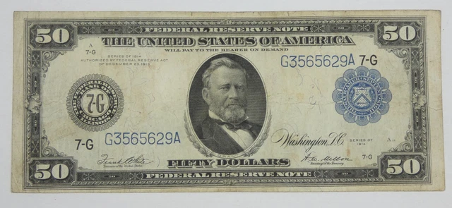 Series 1914 Large Size Blue Seal $50 Fed Res Note 7-G Chicago VERY FINE Fr#1051 Series 1914 Large Size Blue Seal $50 Fed Res Note 7-G Chicago VERY FINE Fr#1051
