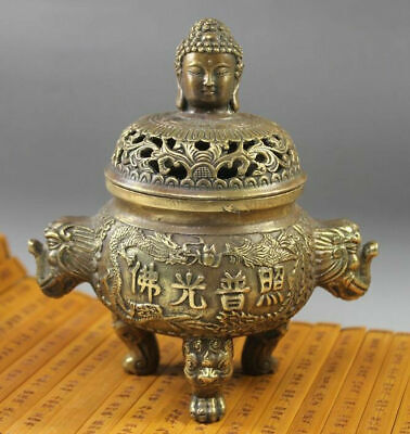 Chinese Collection Old Bronze Copper Buddha Dragon Incense Burner